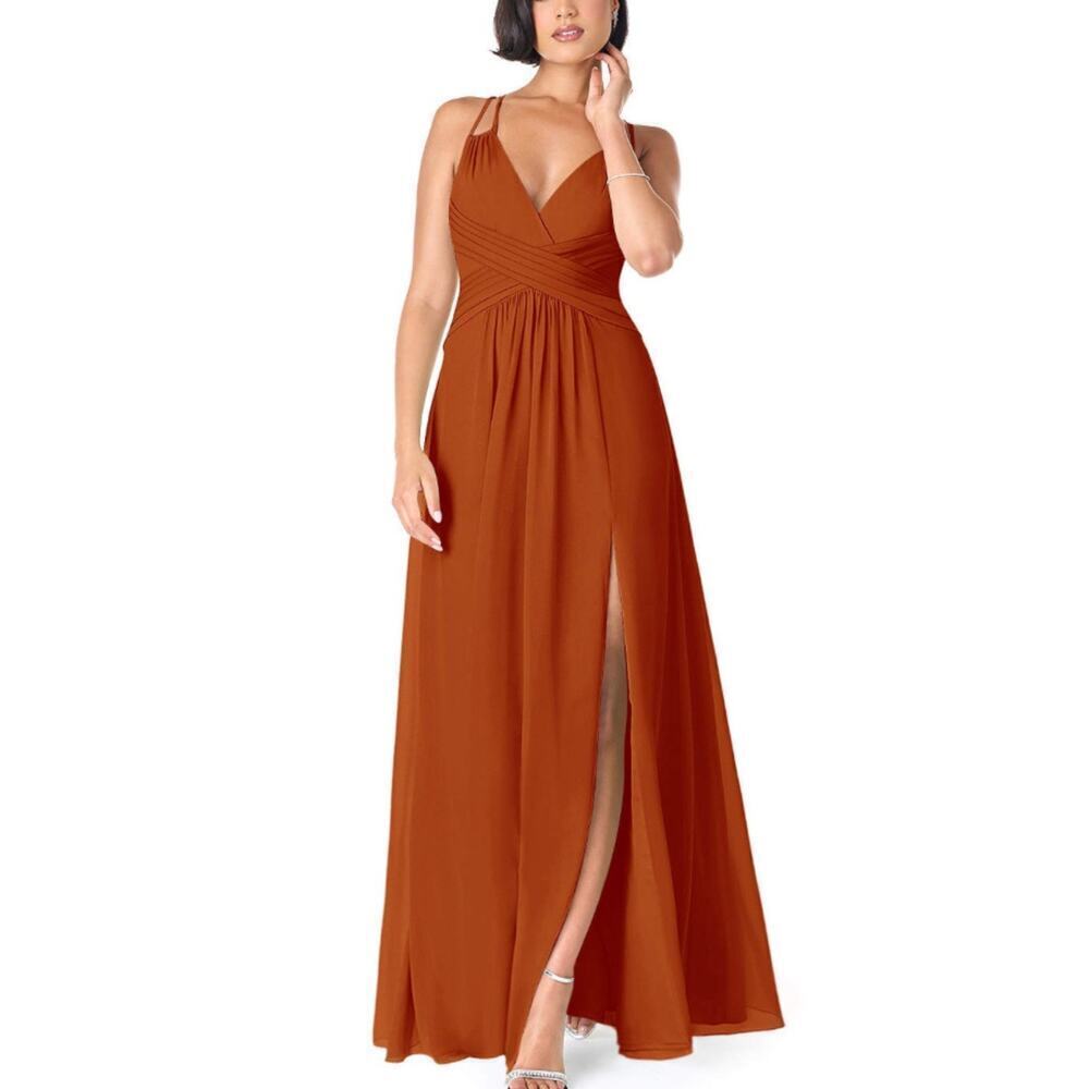 Azazie Paprika A line Pleated Chiffon Long Dress Farren Bridesmaid Formal Orange